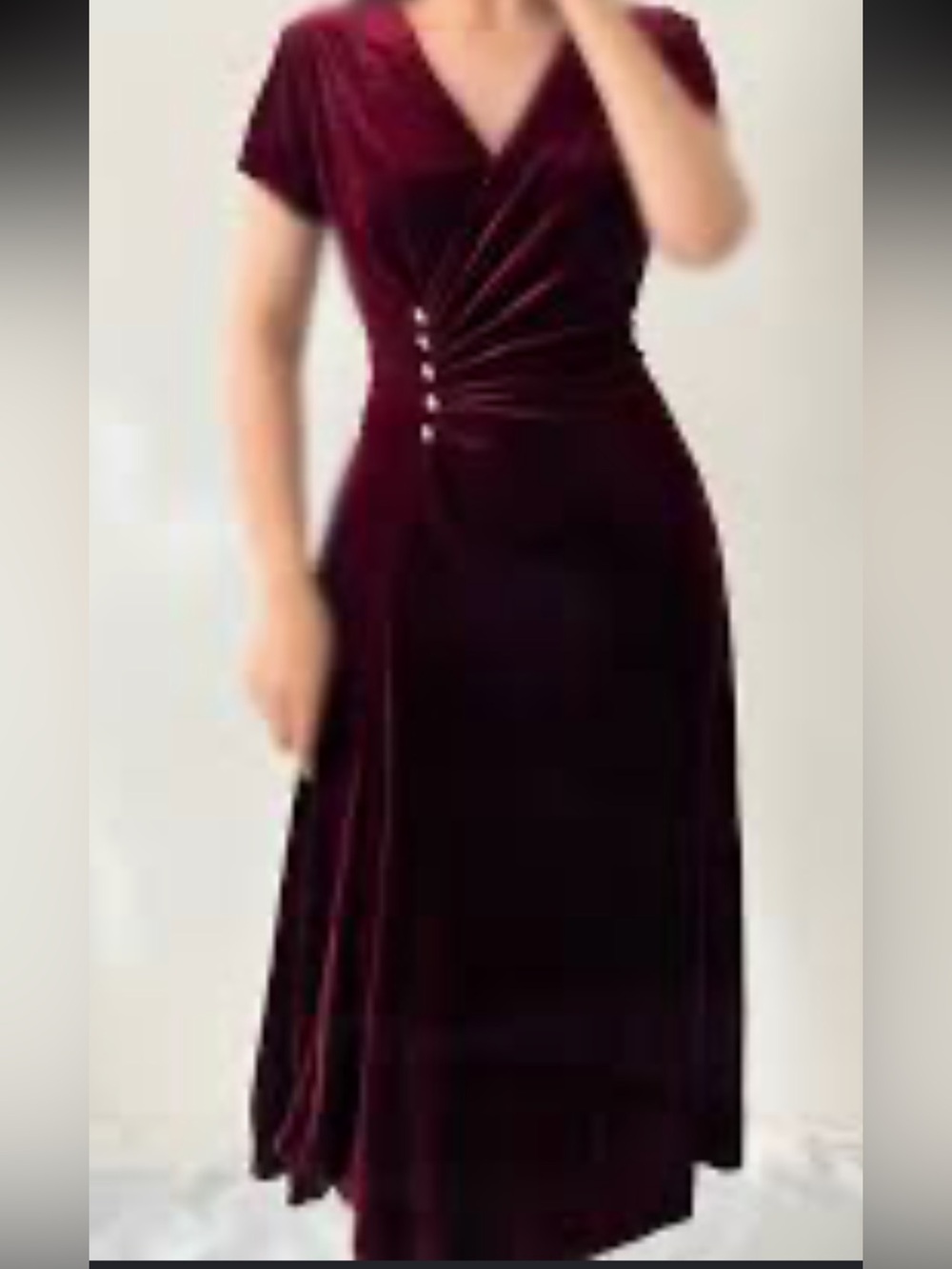 Amanda Lane Burgundy Velvet Midi Dress with Button Side Detail